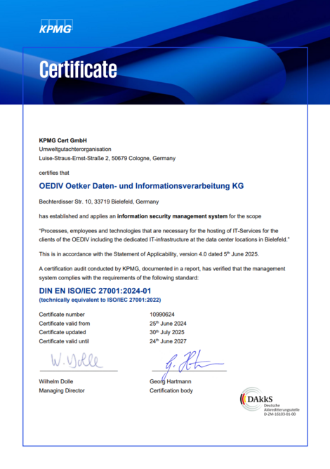 KPMG Cert GmbH Certificate for DIN EN ISO/IEC 270001:2025