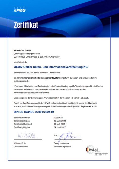 KPMG Cert GmbH Zertifikat für DIN EN ISO/IEC 270001:2025